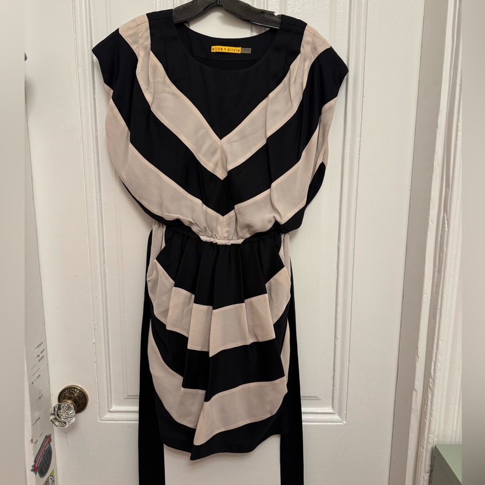 Alice + Olivia Black and Light Pink Chevron Mini Dress